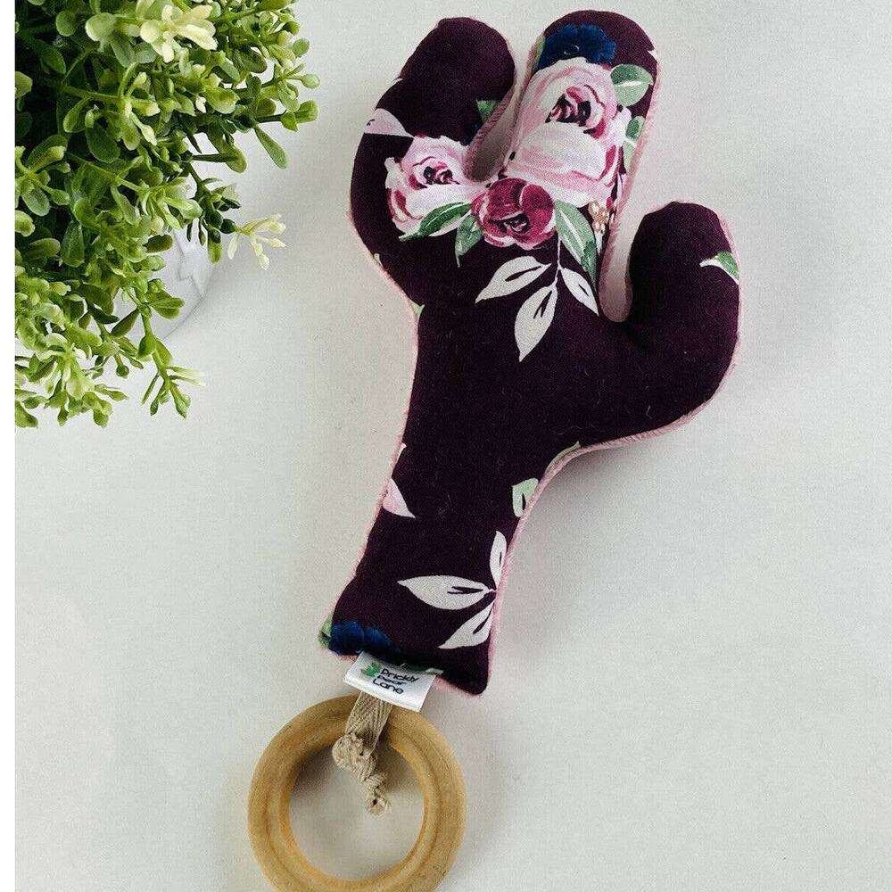 Beautiful Cactus Cloth Teething Rattle Wood Ring Purple Floral Natural Prickly P